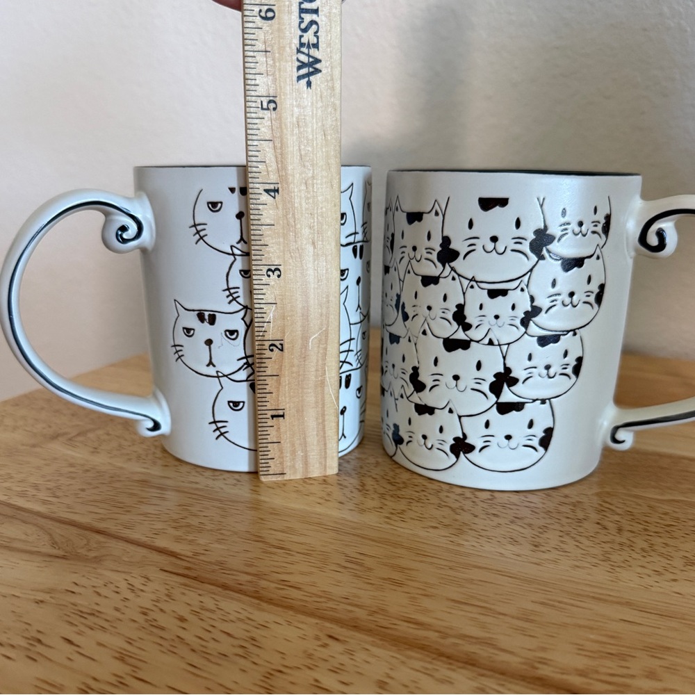 HAPPY Cat Face MAD Cat Face Ceramic Cups Two Whimsical Cat Mugs - Picture 6 of 6